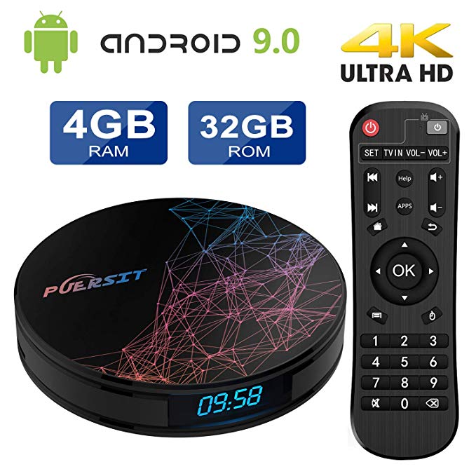 Android 9.0 TV Box 4GB RAM 32GB ROM, Android TV Box with RK3318 Quad-Core 64bits Dual-WiFi 2.4G/5G 4K/HD 3D H.265 USB 3.0 BT 4.0 Smart TV Box P9 PRO by Puersit