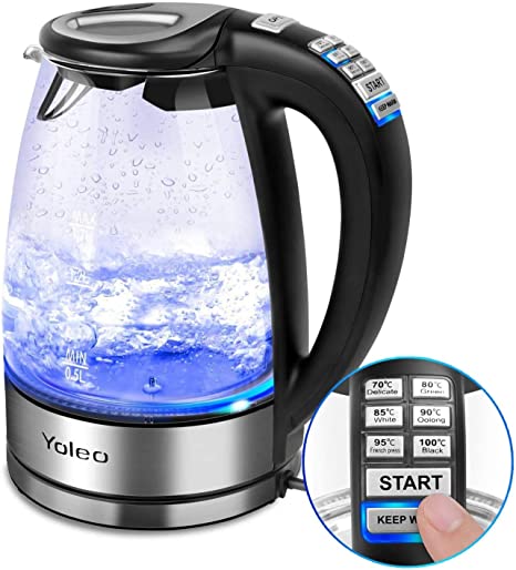 Yoleo 12831 Blue Illuminating Glass Electric Kettle with Temperature Control Keep Warm Function,1.7 Litre, 2000 Watt, Auto-Off & Boil-Dry Protection,Cordless,Boiler for Hot Water & Tea Make, Black