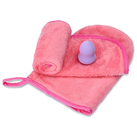 Makeup Remover(2 Pack Pink,including A Glove and A Soft Cloth)with A Gourd Flawless Smooth Cosmetic Powder Makeup Sponge Power Puff