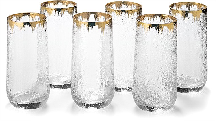 Decodyne Designer Drinking Glasses 18 Ounce - Made of Durable Lead Free Glass - Decorative Highball Drinking Tumblers, Set of 6 (Gold)