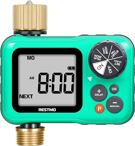 RESTMO Water Timer with Brass Inlet & Outlet, 3 Separate Programs Hose Timer, Programmable Sprinkler Timer for Garden Hose, Manual | Rain Delay | Automatic Watering System for Drip Irrigation and Lawn