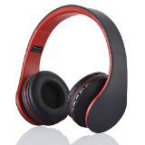 Esonstyle Foldable Wireless Bluetooth Over-ear Stereo Headphone Headset Earphones Stereo Audio with Hands-free Calling Function Audio Cable Included blackred