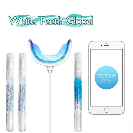 Teeth Whitening Kit with LED powered by a smart phone ( iPhone or Android ) whitens teeth faster, by White Teeth Global (TM)