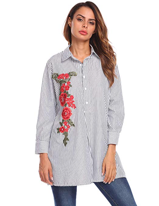 pasttry Women's Casual Striped Button Down Embroidered Long Sleeve T-Shirt Blouse Tops