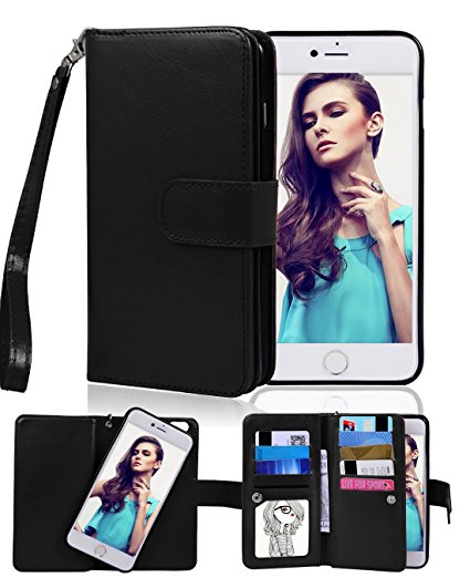 iPhone 6 Case, Crosspace® iphone 6s Flip Wallet Case Premium PU Leather 2-in-1 Protective Magnetic Shell with Credit Card Holder/Slots and Wrist Lanyard for Apple Iphone 6/6s 4.7" (Black)
