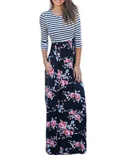 SUNNOE Women's Floral Printed 3/4 Sleeve Scoop Neck High Waist Party Maxi Long Dress Vacation Dress Floor Length