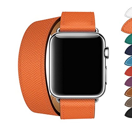 Apple Watch Band 38/42mm Leather Double Tour iwatch Strap Replacement Band with Stainless steel Adpter Clasp for Iphone Watch Series 3 Series 2 Series 1,Sport Edition,Men Women (Orange, 42mm)