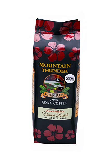 100% Kona Coffee - Private Reserve - Ground - Vienna Roast - 16 Ounce Bag - by Mountain Thunder Coffee Plantation