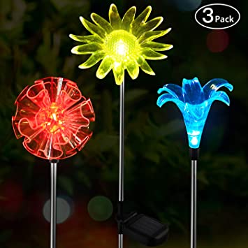 OxyLED Solar Garden Lights Outdoor, 3 Pack LED Solar Stake Light, Multi-Color Changing Solar Powered Decorative Landscape Lighting Dandelion Lily Sunflower for Path, Yard, Lawn, Halloween, Christmas