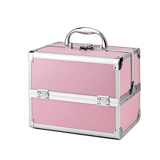 AMASAVA Makeup Train Case, 3 Tiers Makeup Box with Mirror Portable Mini Storage Beauty Box Cosmetic Case Jewelry Organiser Lockable Artist Storage Case Pink