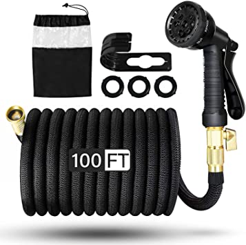 VStoy Expandable Garden Hose 100ft Black,Lightweight Water Flexible Pipe,No Kink Flexibility with 8-Patterns Rotating Spray Nozzle,Heavy Duty 3/4 Inch Solid Brass Connector Fittings