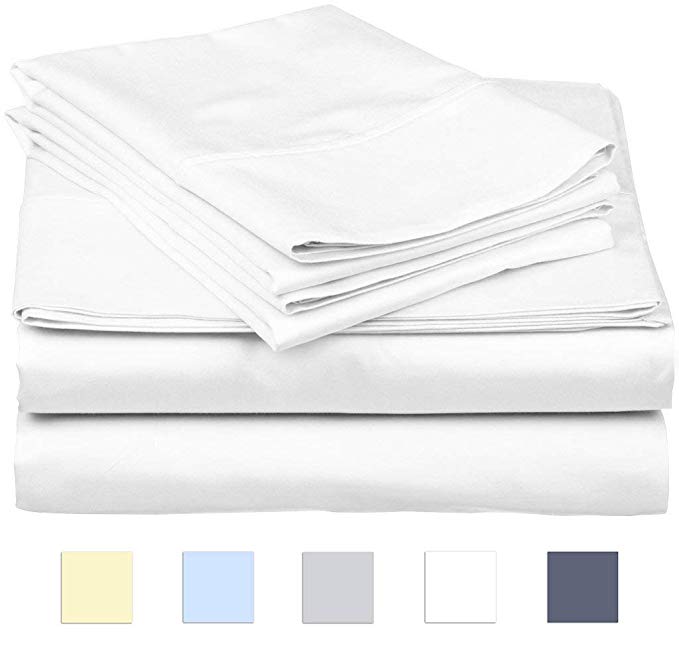 SanCozy 400 Thread Count Sheet Set, 4 Piece Set, Cotton, California King Size,White,Sateen Weave Bedsheet, Breathable, Fits up to 18 inches deep mattresses