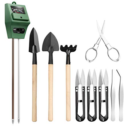 Pancellent Soil Ph Meter with 9pcs Bonsai Tools,3-in-1 Moisture Sensor/Sunlight/pH, Include Pruner, Fold Scissors, Mini Rake, Bud & Leaf Trimmer Set by