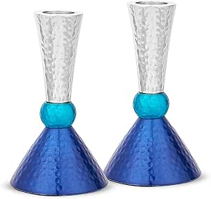 Zion Judaica Classic Candlestick Holders Set Anodized Metal Hammered Finish - Fits Thick Tapered and Shabbat Candles - Blue Tones and Silver Medium