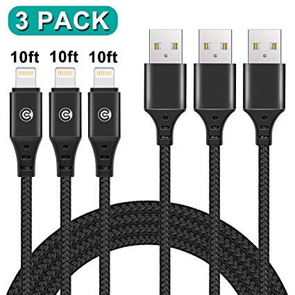 Sundix S-03BK iPhone Charger 10Ft iPhone Charging Cord Replacement for iPhone X 8 8Plus 7 7Plus 6S 6Splus 6 Plus, Ipad, iPod, 3 Pack (Black)