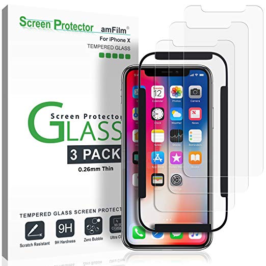 iPhone X Screen Protector Glass (3-Pack), amFilm iPhone X 0.26mm Tempered Glass Screen Protector with Easy Installation Tray for Apple iPhone X/iPhone 10 (3-Pack)