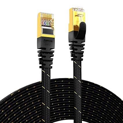 Ethernet Cable 10m, AMPCOM CAT7 10Gbps STP Flat Patch Cord 10 Gigabit Lan Network Cable High Speed - Black - Nylon Braided - Shielded