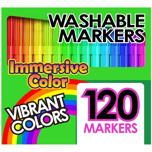 Washable Markers Set (GIANT BOX OF 120 INDIVIDUAL COLORS) Water Soluble Ink - Washes Off Clothing and Skin - Ultra Clean Pen Design - Fine Felt Tip - Perfect for Toddlers, Kids, Students, & Teachers
