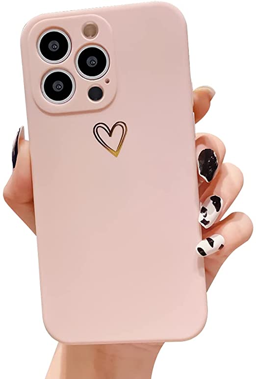 Ownest Compatible with iPhone 13 Pro Case 6.1 Inch [Not Fit 13] for Soft Rubber Liquid Silicone Gold Heart Pattern Slim Protective Shockproof Case for Women Girls for iPhone 13 Pro-Pink