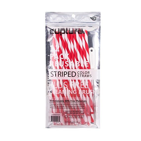 Cupture Reusable & Unbreakable Red & White Color Striped Straws - 12 Count   Free Brush