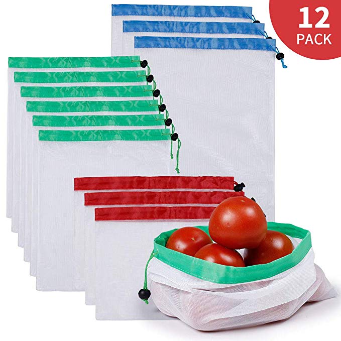12PCS Reusable Mesh Produce Bags, DATYSON Washable Shopping Strorage Mesh Bag Kit with Drawstring and Tag for Food, Vegetable, Fruits, Toys and Snack, 100% Food Contact Safe, Small Medium Large