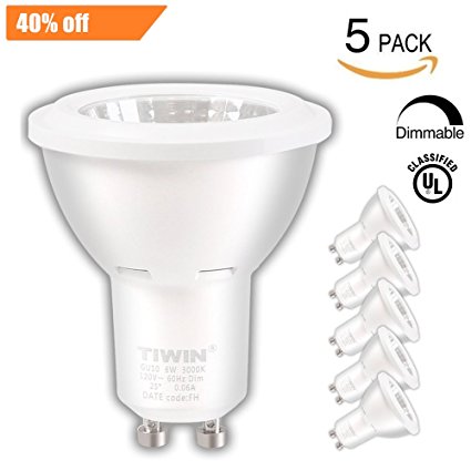 TIWIN 50 Watt Equivalent GU10 LED Bulbs, Dimmable, Soft White(3000k), 25° Beam Angle Spotlight, LED Recessed Lighting, Pack of 5