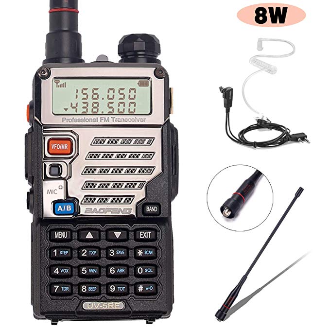 BaoFeng UV-5RE  8Watt Ham Radio Handheld Rechargeable with Gamtaai NA-771 Telescopic Antenna Acoustic Tube Earpiece 2800mAh Large Battery,VHF/UHF Two Way Radio Long Range Walkie Talkies (Black)