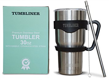 30oz Stainless Steel Vacuum Insulated Tumbler with Double Wall Insulation   Black Handle   Straw by TUMBLINER - Designed to Fit Into a Car Cupholder
