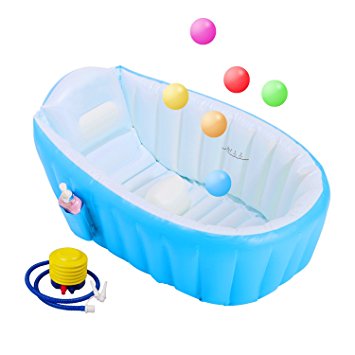 Biubee Baby Inflatable Bathtub - Air Bath Basin with Inflator Pump & 6pcs Colorful Ocean Balls, Non Slip with Soft Cushion Foldable and Portable Suitable for Swimming Pool & Travel(Blue)