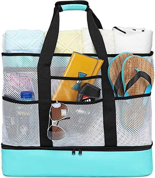 BLUBOON Mesh Beach Tote Bag with Detachable Cooler for Family Pool Oversized 22 inches Grocery Shopping Bag Insulated Picnic Cooler (A- Turquoise)