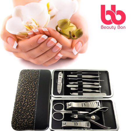 Beauty Bon 12-Piece Stainless Steel Manicure and Pedicure Nail Clippers Set with Portable Case