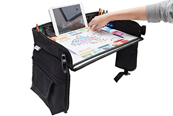 Kids Travel Tray Bag with Erasable Surface & Tablet Holder/Children Play Tray/Stroller Tray Organizer - Waterproof, Sturdy surface & Mesh Pockets   GIFT 6 Crayons & Drawing Activities