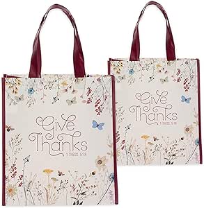 Christian Art Gifts Reusable Fashion Shopping Tote Bag for Women: Give Thanks - 1 Thessalonians 5:18 Inspirational Bible Verse Durable Handbag for Groceries, Books, Supplies, White & Burgundy Floral