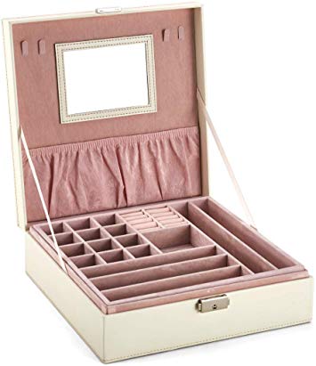 goldwheat Two-Layer Leather Jewelry Box Decorative Organizer Display Storage Case Tray with Lock and Key,White