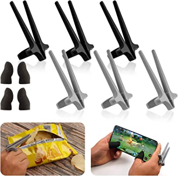 6 Pcs Finger Chopsticks for Gamer, Reusable Lazy Snack Chopsticks Clips with 2 Pair Gaming Finger Sleeves, Fun Finger Tongs Creative Game Accessories (3 Black   3 Grey   2 Pair Finger Sleeves)