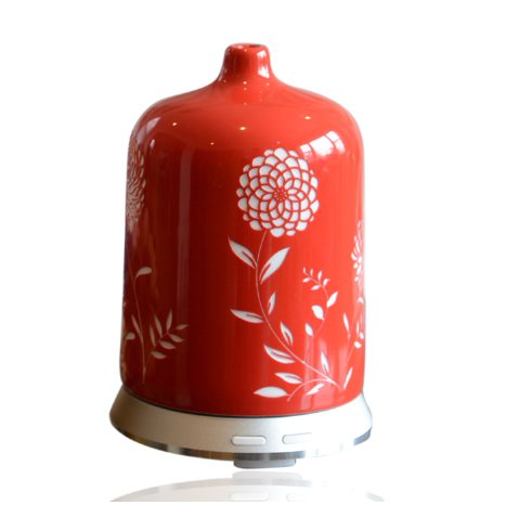 Smiley Daisy Aromatherapy Essential Oil Diffuser - Quiet Electric Ultrasonic With Beautiful Handcrafted Porcelain Cover - Continuous and Intermittent Mist With LED Light - 100 ML(Ruby Red)
