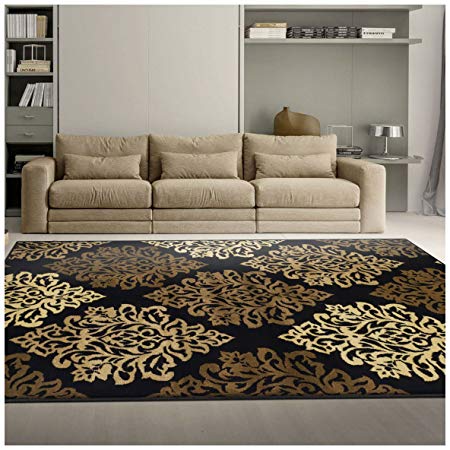 Superior Danvers Collection Area Rug, Modern Elegant Damask Pattern, 10mm Pile Height with Jute Backing, Affordable Contemporary Rugs - Black, 5' x 8' Rug