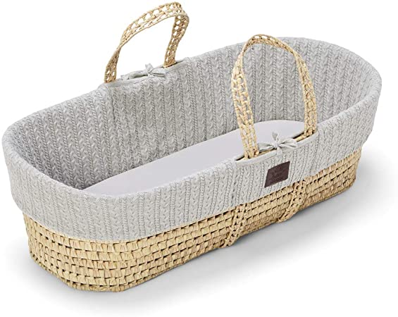 The Little Green Sheep Natural Knitted Moses Basket and Mattress, Dove