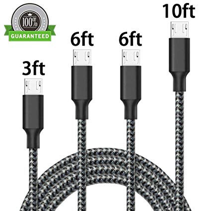 AOFU Micro USB Cable,4Pack 3FT 6FT 6FT 10FT Long Nylon Braided High Speed 2.0 USB to Micro-USB Charging Cables Android Fast Charger Cord for Samsung Galaxy S7 Edge/S6/S4, Note 5/4,(Black White)