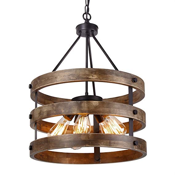 Anmytek Metal and Circular Wood Chandelier Pendant Five Lights Oil Brown Finishing Retro Vintage Industrial Rustic Ceiling Lamp Light