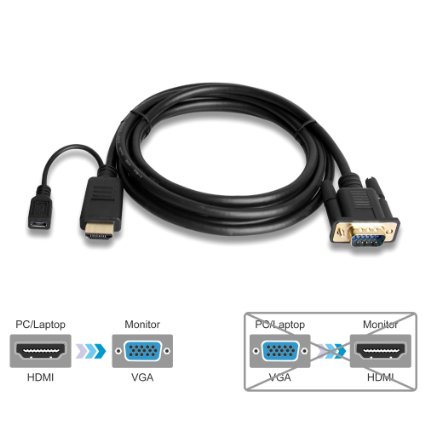 gofanco 6ft Active HDMI to VGA USB-Powered Cable Male to Male with a 3ft Micro USB Power Cable for HDMI enabled systems to connect to VGA displays