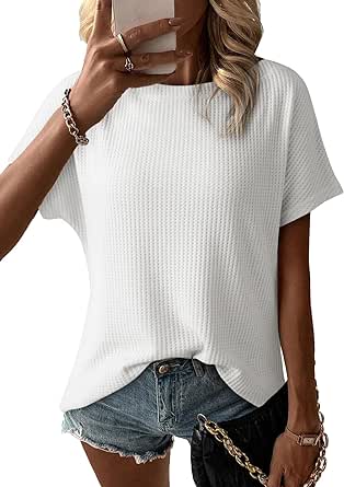 Dokotoo Women's Casual Boat Neck Short Sleeve Waffle Knit Shirts Loose Summer Tunic Tops Blouses