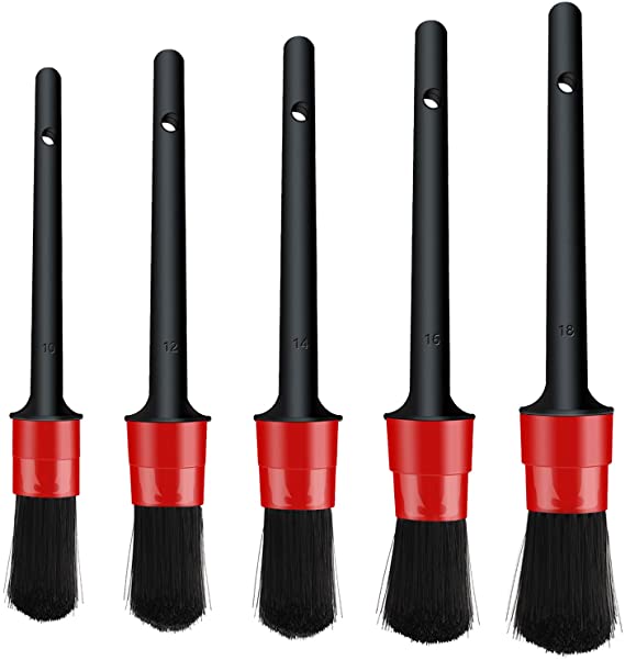 Detailing Brush Set - 5-pack Different Sizes Premium Natural Boar Hair Mixed Fiber Plastic Handle Automotive Detail Brushes for Cleaning Wheels, Engine, Interior, Emblems, Air Vents, Car, Motorcy