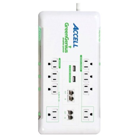 Accell D080B-017K GreenGenius 8-Outlet Smart Surge Protector with 2 USB Charging Ports - 2160 Joules, 6-Foot (1.8-Meter) Cord, White, UL Listed