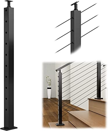 Muzata 30°-drilled Stair Post 36"x2"x2"(Post Body 33") Adjustable Top Cable Railing Post Angle Line Post Top Mount Stainless Steel Black Finish Wood Concrete Deck, PS01 BA4S