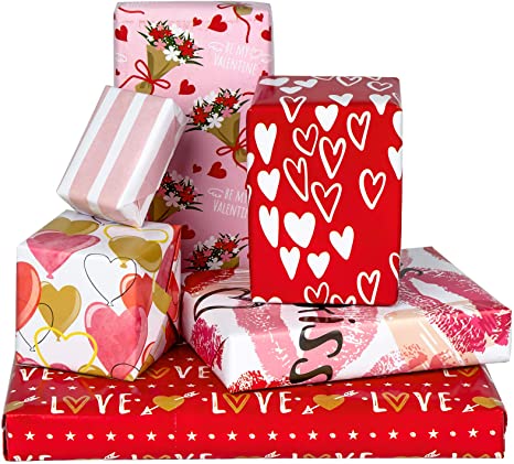 MAYPLUSS Wrapping Paper Large Sheet - Folded Flat - 6 Different Valentines Day Design (45.2 sq. ft.ttl.) - 27.5 inch X 39.4 inch Per Sheet