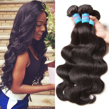 Green Hair Brazilian Hair Body Wave Weft 3 Bundles 7A 100% Unprocessed Virgin Remy Human Hair Weave Extensions Natural Color 95-100g/pc (16 18 20, Natural Color)