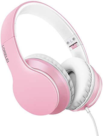 LORELEI X6 Over-Ear Headphones with Microphone, Lightweight Foldable Stereo Bass Headphones with 1.45M No-Tangle, Portable Wired Headphones for Smartphone Tablet MP3 / 4 (Pink)