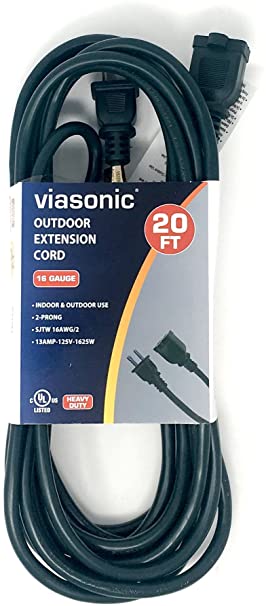 Viasonic Indoor/Outdoor Extension Cord - 20FT - Heavy Duty, Durable & Flexible, General Purpose, 16 Gauge, 2-Prong, UL-Listed - by Unity (Hunter Green)