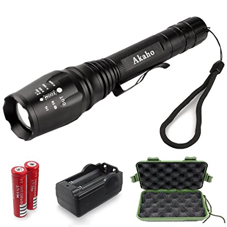 LED Tactical Flashlight,Akaho XML T6 Portable Outdoor Water Resistant Ultra Bright Torch with Adjustable Focus and 5 Light Modes,Rechargeable 18650 Lithium Ion Battery and Charger
